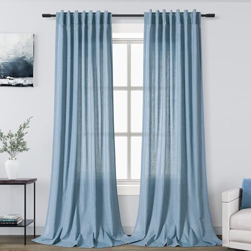 Image of Linen Blue Curtains 120 inch Extra Long for Living Room Back Tab Light Filtering Semi Sheer Drapes Modern Farmhouse Coastal Decor Cotton Textured Curtain for Floor to Ceiling High Window 52x120
