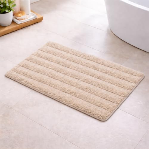 Image of Premium Combed Cotton Tufted Bathmat 45 x 65 cm, 1800 GSM Soft Absorbent Anti Skid Bathroom Floor Mat with Latex Backing, Quick Dry Non Slip Bath Rug for Shower & Daily Use, Stripes Beige