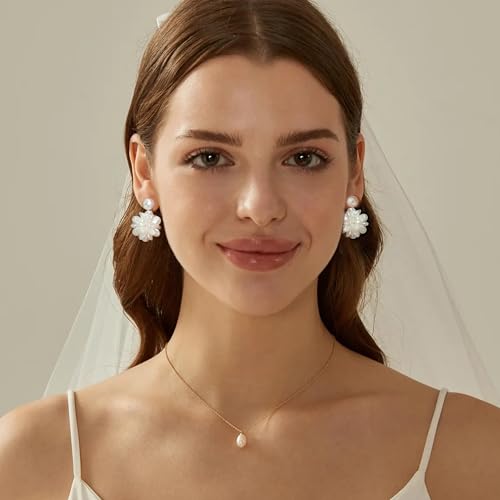 Pearl Drop Earrings for Women,18K Gold Plated,Handmade Shell Floral Petal Design,Flower Dangle Earrings for Bridesmaids,Elegant Jewelry,Wedding,Everyday Wear,Anniversary,Halloween,Christmas Gift for Her4