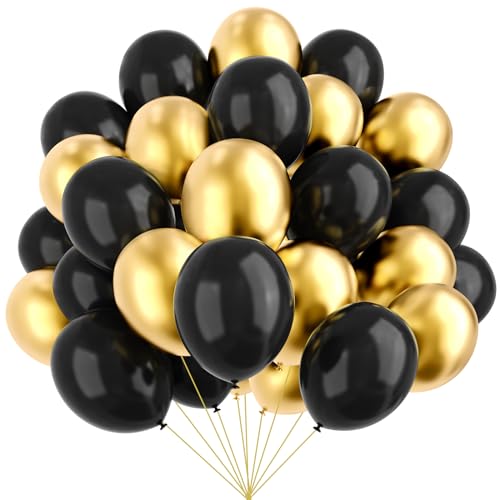 YMSZ Lot de 67 ballons noirs et dorés de 30,5 cm, métallisés dorés et noirs, pour anniversaire,...