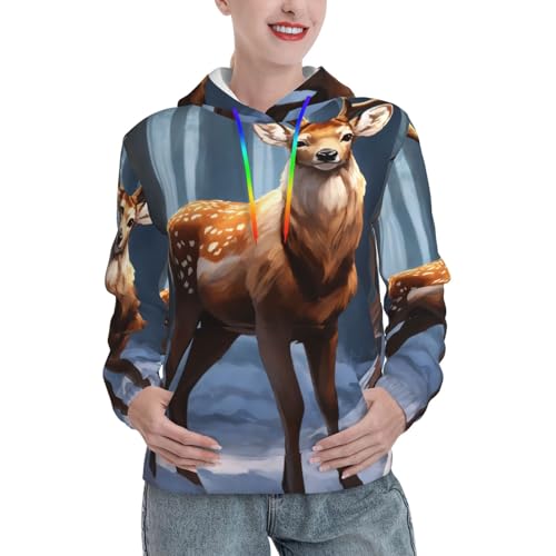Sweat à capuche graphique imprimé cerf avec poche kangourou pour femme