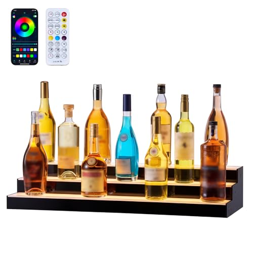 Image of VEVOR LED Lighted Liquor Bottle Display, 3 Tiers 30 inches, Acrylic Illuminated Home Bar Shelf Display with RF Remote & App Control, DIY Setup with Type-C Cables, 9 Static Colors, for 21-30 Bottles