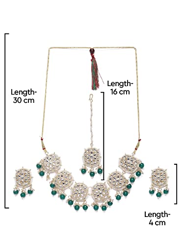 Image of ZAVERI PEARLS Gold Tone Kundan & Green Beads Wedding Collection Choker Necklace Earring & Maangtikka Set For Women-ZPFK10207