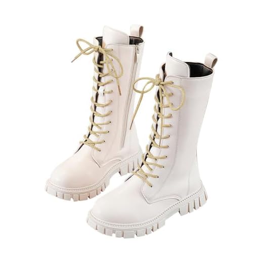 winter boots Girls Combat Boots Knee High Mid Calf Side Zipper Lace Up Classic Kids Winter Shoes Fall Fashion Teen Punk Goth Boot White-G 12.5