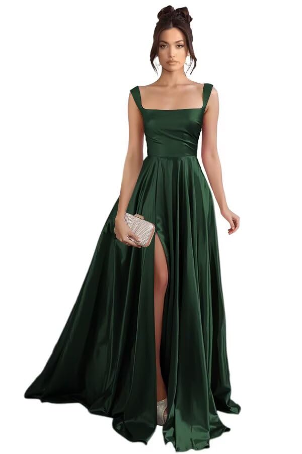 Stylefun Women's Emerald Long Prom Dress with Slit 2026 for Wedding Spaghetti Strapes Pleated Satin A Line Prom Dresses with PocketsUS6