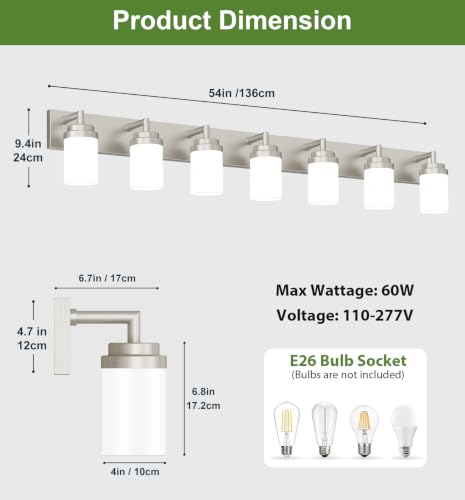 Image of Bathroom Light Fixtures, Brushed Nickel Bathroom Lighting Fixtures Over Mirror, Modern Vanity Light with White Glass Shade, Restroom Lighting Fixtures, 7-Light 54-inch
