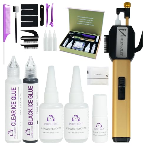 Patented Cold Glue Hair Extension Kit Ice Glue Comb Applicator System No Heat No V Light Lightweight Invisible Bonds Fast Install with Remover & Curing Agent for Salon Professionals (Gold)