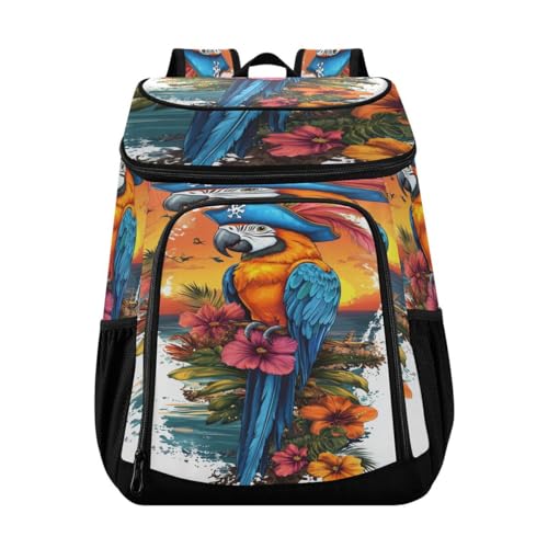 Macaw Hibiscus Flowers Orange Cooler Backpack Leakproof Insulated Lunch Cooler Bag 30 Cans Camping Backpacks for Camping Hiking Beach