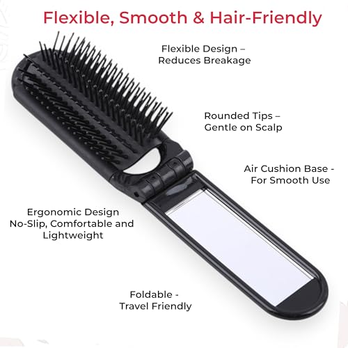 Image of TEMPERIA Foldable Pocket Hair Comb with Built-In Mirror for Women | Compact Folding Comb for Travel, Purse & On-the-Go Grooming | Portable & Easy to Carry (CB582)