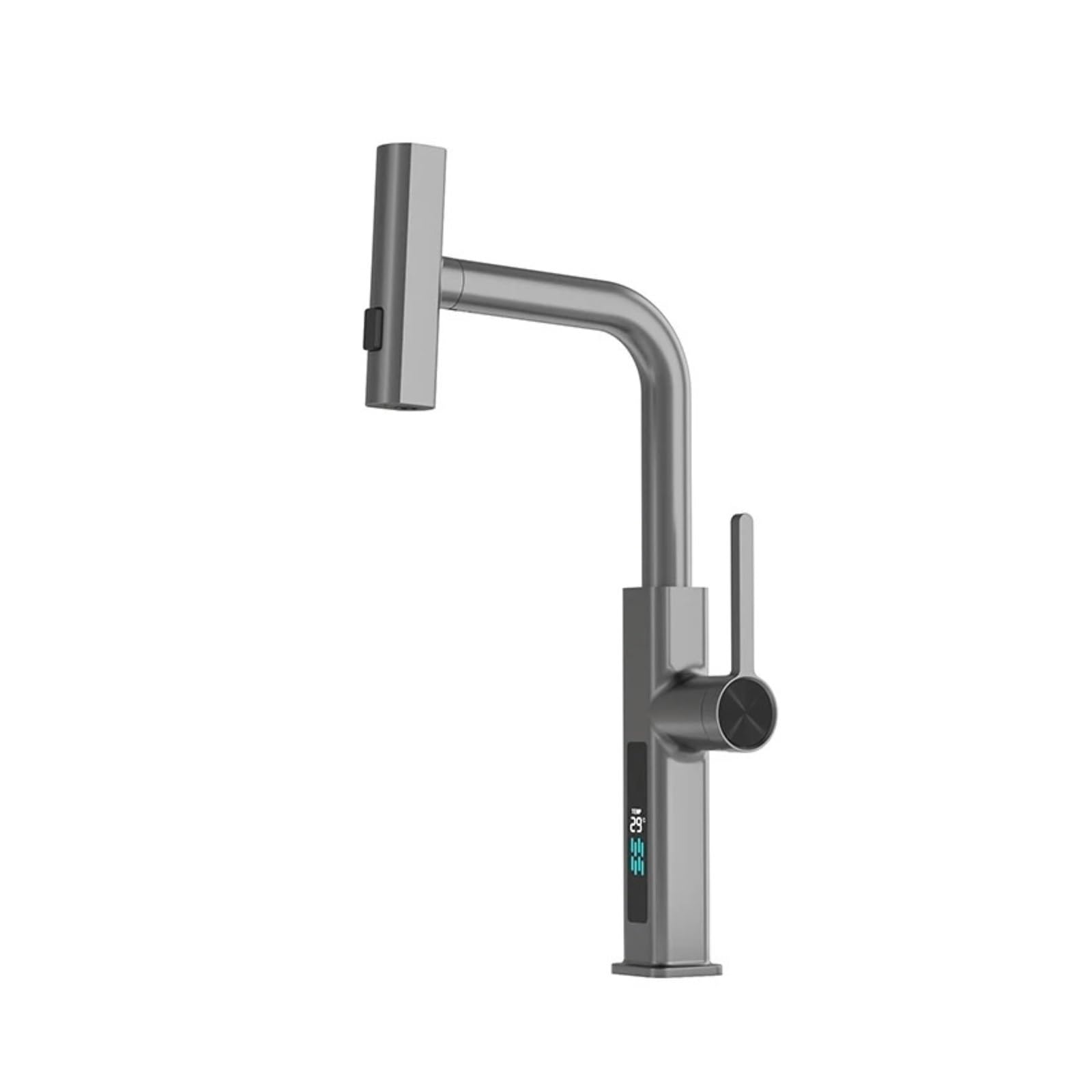 Digital Faucet with Waterfall Spout, Pull Out Brass Mixer Tap, 3-Mode Kitchen Basin Valve G1/2,Safe and Reliable(Gray-Display)