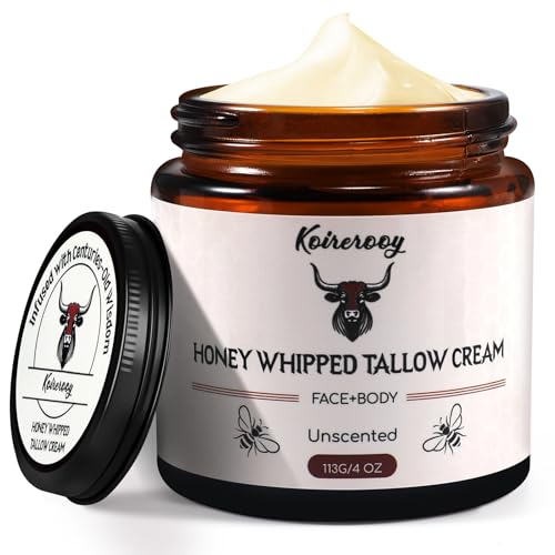 Beef Tallow for Skin, Tallow and Honey Cream, Whipped Organic Tallow Face Balm Moisturizer, Organic Grass-Fed Beef Tallow & Raw Wild Honey, 4 Oz Herb-Infused Unscented