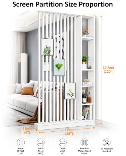 Image of Modern Wooden Room Divider with Storage Shelves | Partition for Living Room & Entryway | Decorative Display Rack with Vertical Slats ((120X48X6 White))