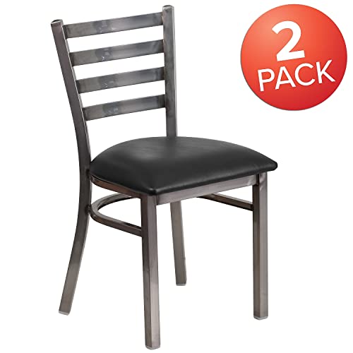 Image of Flash Furniture 2 Pack HERCULES Series Clear Coated Ladder Back Metal Restaurant Chair - Black Vinyl Seat