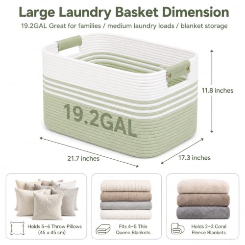 Image of 19.2GAL Sturdy Large Laundry Basket with Handles for Bathroom, Dorm Dirty Clothes, Portable Aesthetic Boho Cute Woven Storage Blanket Baskets for Living Room Decor Girls Boys Pets Toys White Green