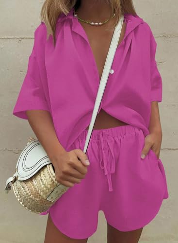 Image of Fixmatti Women 2 Piece Outfits Long Sleeve Button Down Blouse and Shorts Sweatsuit Sets