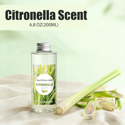 Image of STRN Citronella Reed Diffuser Oil Refill, Lemongrass Scent 200ML(6.8fl.oz) with 6 Sticks, Air Freshener Long-Lasting Aromatherapy Reed Diffuser Set for Summer Home, Bedroom, Spa, Bathroom