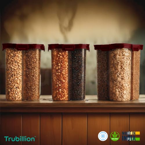 Image of SplitBox - Pack of 2, 4-Section Kitchen Food Storage Container,2000ml BPA-Free Transparent,Black Lid,Removable Divider,Freezer Safe,Stackable,Space Saving,Pulses,Snacks,Dry Fruits (Maroon)