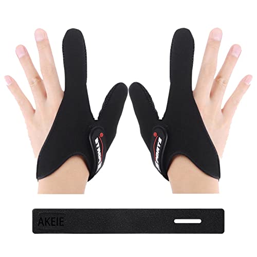 AKEIE Professional Fishing Finger Protector 2 Pack Two Gloves Anti-Slip Unisex Elastic for Outdoor with 1Pcs Rod Belt, Anti-Scratch -Black, One Size