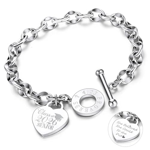 Charm Bracelet Graduation Gifts for Her, Personalized Senior Heart Charm Bracelets with OT Clasp for Senior Bracelet Graduated Gifts Idea