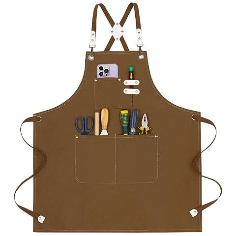 Jowcud Aprons for Women With Pockets,Chef Apron for Men,Canvas Cross Back Heavy Duty Adjustable Work Apron,Carpenter,Mechanic Workshop,Kitchen,BBQ,Cooking,Hair Stylist,Gift（coffe） Cover