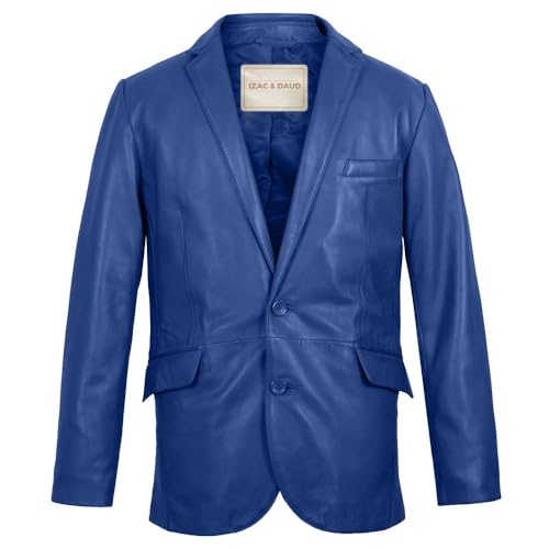 Isaac & David Chicago Lammfell Echtes Freizeitkleidung Leder Blazer Sport Mantel mit klassischem Knopfverschluss für Herren, Blau, M