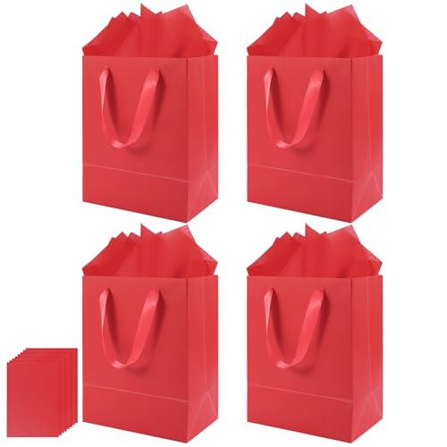 Epoesch 4 Pack Red Gift Bags Handles and 8 Tissue Paper Medium Size 8 X 5 X10 Inch Paper Bag for Birthday Party Baby Shower Wedding Favors or Mothers Day Fathers Day