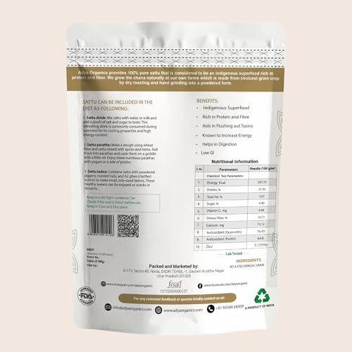 Adya Organics Sattu | 100% Pure & High-Protein Roasted Chana Powder | Chemical-Free & Natural | Perfect for Summer Drinks, Parathas, & Snacks | Healthy & Tasty | 2kg- (Pack of 2)
