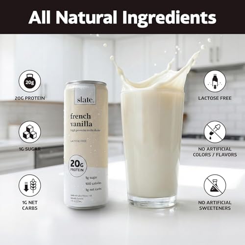 Image of Slate Milk - High Protein Milk Shake - French Vanilla - Lactose Free, 20g Protein, 1g Sugar, 100 Calories, 1g Net Carbs, No Added Sugar - Natural, Breakfast Boost, Post Workout - 11 fl oz, 48 Cans