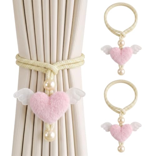 Embrasse Rideau Coeur Peluche Beige 2 Pièces, Attache Rideau Tissu 80cm sans Perçage, Accroche Rideau Décoratif pour Chambre Enfant, Bébé et Salon