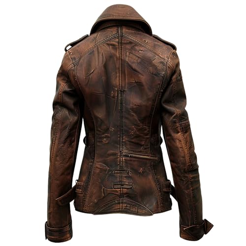 Women's Distressed Brown Sheepskin Leather Jacket - Warm Winter Rider Zip-Up, Lapel Collar, Vintage Scooter Style2