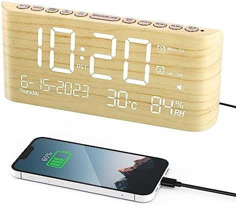 Alarm Clock Large Display,Digital Calendar Clocks with Temperature,Humidity and Date,2 Alarms,4 Alarm Settings,Type C&USB Charger,Weekday/Weekend Mode,Dimmer&Volume,Wood Desk Alarm Clocks for Bedrooms