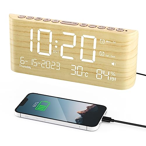 Alarm Clock Large Display,Digital Calendar Clocks With Temperature,Humidity And Date,2 Alarms,4 Alarm Settings,Type C&Usb Charger,Weekday/Weekend Mode,Dimmer&Volume,Wood Desk Alarm Clocks For Bedrooms #TOP1