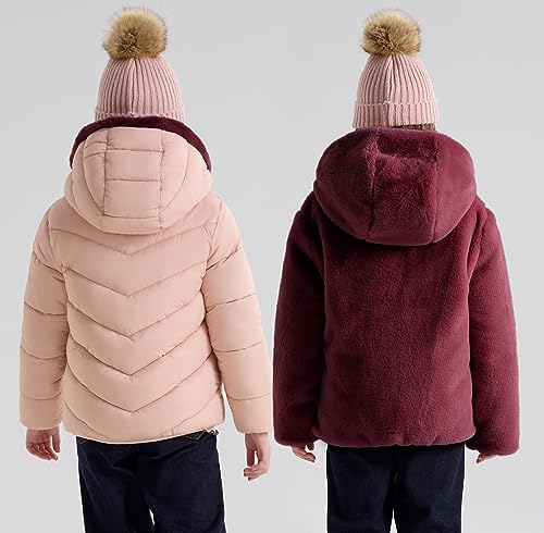 Image of maoo garden Girls Winter Reversible Puffer Jacket Kids Heavyweight Faux-Down Fuzzy Fleece Lined Water-Resistant Coat