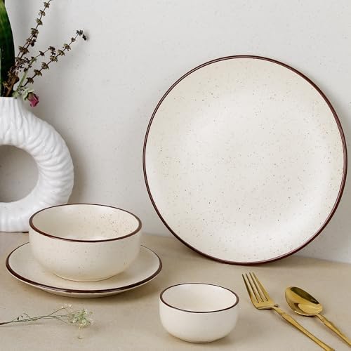 Image of The Earth Store Creme Matte Ceramic Dinner Set of 21 Pieces Serving for 6, Microwave & Dishwasher Safe Plates & Bowls for Dining, Crockery Set for Dining and Gifting