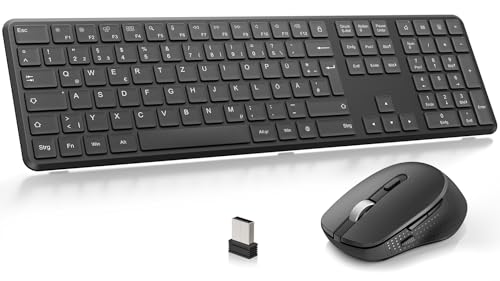 OMOTON Tastatur Maus Set Kabellos Funktastatur und Maus 2 4 GHz in Voller Größe QWERTZ Deutsches Kabellose Tastatur mit Maus für Windows 11/10/8/7 Desktop PC Laptop (Batteriebetrieben) Schwarz