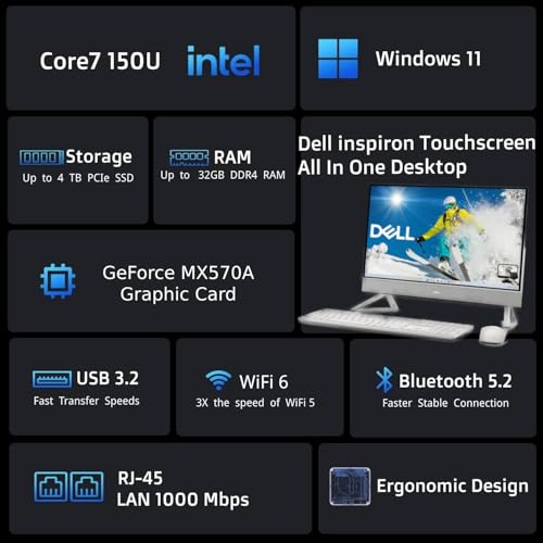 Image of Dell Inspiron All-in-One Touch Screen Desktop Computer, 27 inch LED Low Blue Light Display, 14th Gen Intel Core7 150U, 32GB RAM, 1TB PCIe SSD, Wi-Fi 6, USB-C, HDMI, Wireless KB & Mouse, Windows 11 Pro
