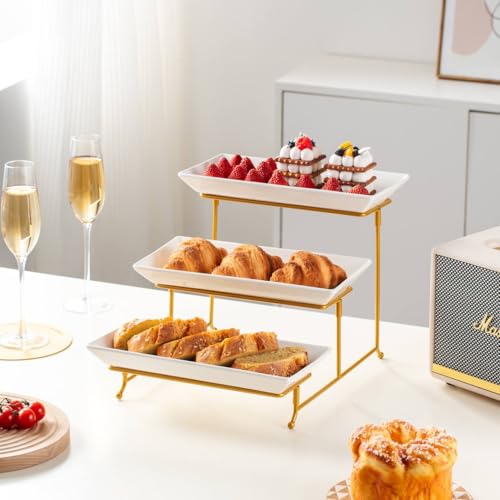 Vencier 3 Tier Serving Platter Set Three Tier Food Dessert & Cake Display Party Food Tray Set (White/Gold) - Image 5