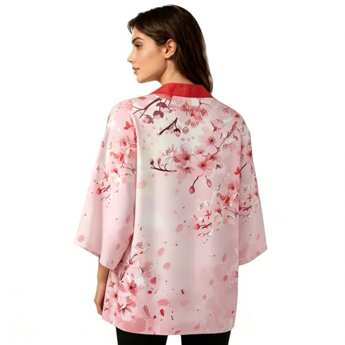 Wifru Women's Japanese Kimono Cardigan Lightweight Polyester Open Front Short Sleeve Robe Pink with Falling Sakura Print Breathable Beach Cover Up Loungewear for Vacation Spa Casual Wear 3XL
