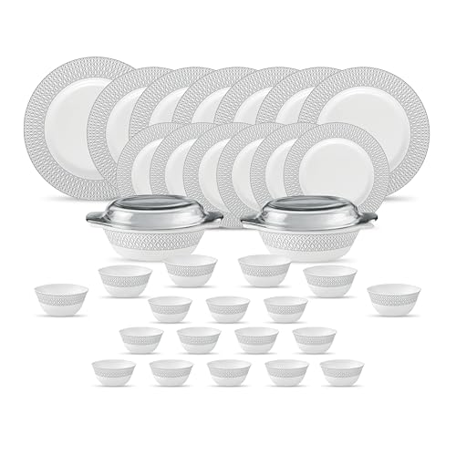 La Opala Diva Velvett Collection Opal Glass Crockery | for Family of 6 | Dinner Set 35 pcs Tudor Grey | Plates & Bowls for Dining | Microwave Safe | 100% Vegetarian | Extra Strong | Light & White