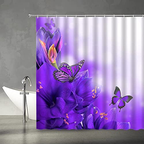 Springgrace Purple Butterfly With Flowers Shower Curtain Set With Rugs Decorative Bathroom Curtains Set With Hooks, Modern Waterproof Fabric Butterfly Shower Curtain Sets For Bathroom #TOP2
