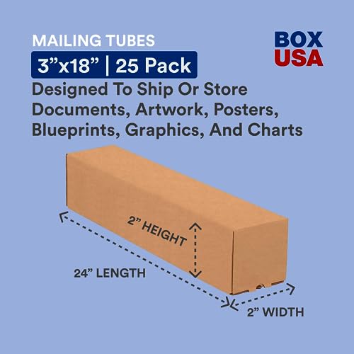 Box Usa Cardboard Tubes With Caps, 18"L X 3"W X 3"H, Pack Of 25 | Poster Tube For Mailing And Storage Of Blueprints, Artwork, Crafts, Long Art Holder, 18 Inches #TOP1