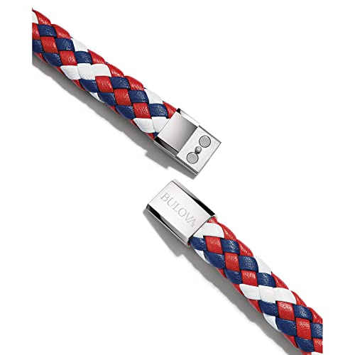 Bulova Men's Marine Star Red, White and Blue Leather Braid Bracelet with Magnetic Stainless Steel Closure, Size: Medium, Style: J96B032M - Image 4