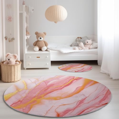Genérico Alfombra Redonda para Dormitorio 90 cm - Abstracto Elegante Jaspeado Tema Franela Pelusa Corta Alfombras Redondas, Rosa Antideslizante Alfombra para Decoración de Comedor
