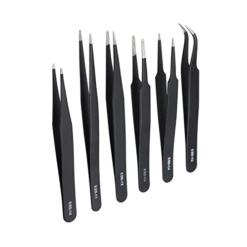 6PCS Tweezers Set Blunt Tip Anti-Static Curved of Tweezers ESD Electronics Laboratory Work Jewelry-Making Craft, Soldering Multiple Usage
