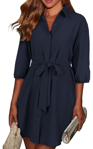 Image of ECOWISH Womens Button Shirt Dress with Pockets Fall Summer Short Mini Dresses Long Sleeve 3 /4 Sleeve Long Tunics Blouse Belt