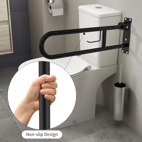Toilet Grab Bar 30.3 Inch, YuanDe Flip Up Grab Bar with Paper Holder,Matte Black Anti-Slip Safety Bars for Toilet, Stainless Steel Knurled Toilet Handles for Seniors Disabled Elderly Pregnant