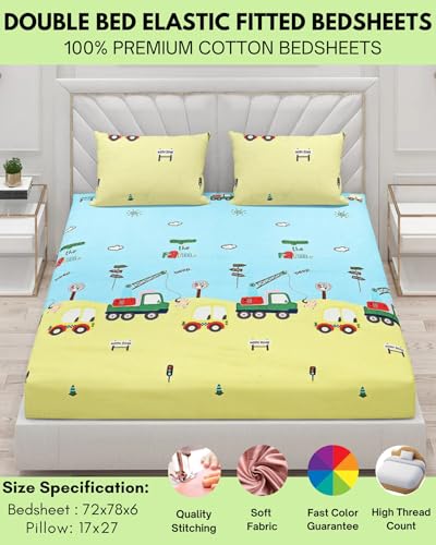 Image of Cotton Feel Glace Cotton Elastic Fitted Bedsheet for King Size Double Bed with 2 Pillow Covers | 300-350 TC Supersoft Fabric 72 x 78 Inch | Pink & Yellow Print