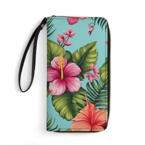Hawaiian Tropical Leaves FlowersPrint Long Wallets PU Leather Clutch Purse Card Holder Wallet, with Wristlet Zip Around Long Wallet for Women & Men