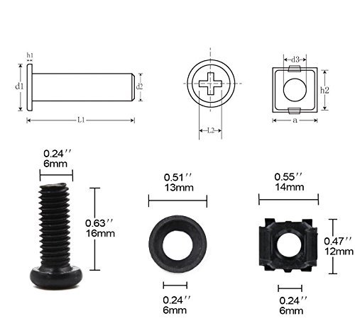 M6 x 16mm Rack Mount Cage Nuts, Screws and Washers for Rack Mount Server Cabinet, Rack Mount Server Shelves, Routers, 50 PACK Rack Mount Screws and Square Insert Nuts, Self-Locking Cable Ties for Free