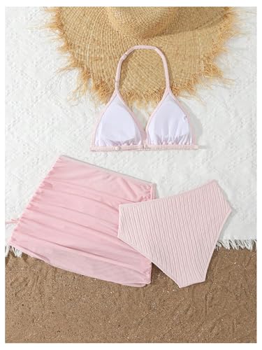 Girl's Padded Halter Bathing Suit Wireless Swimsuit with Cover Up Skirt 3 Piece Swimwear Set2